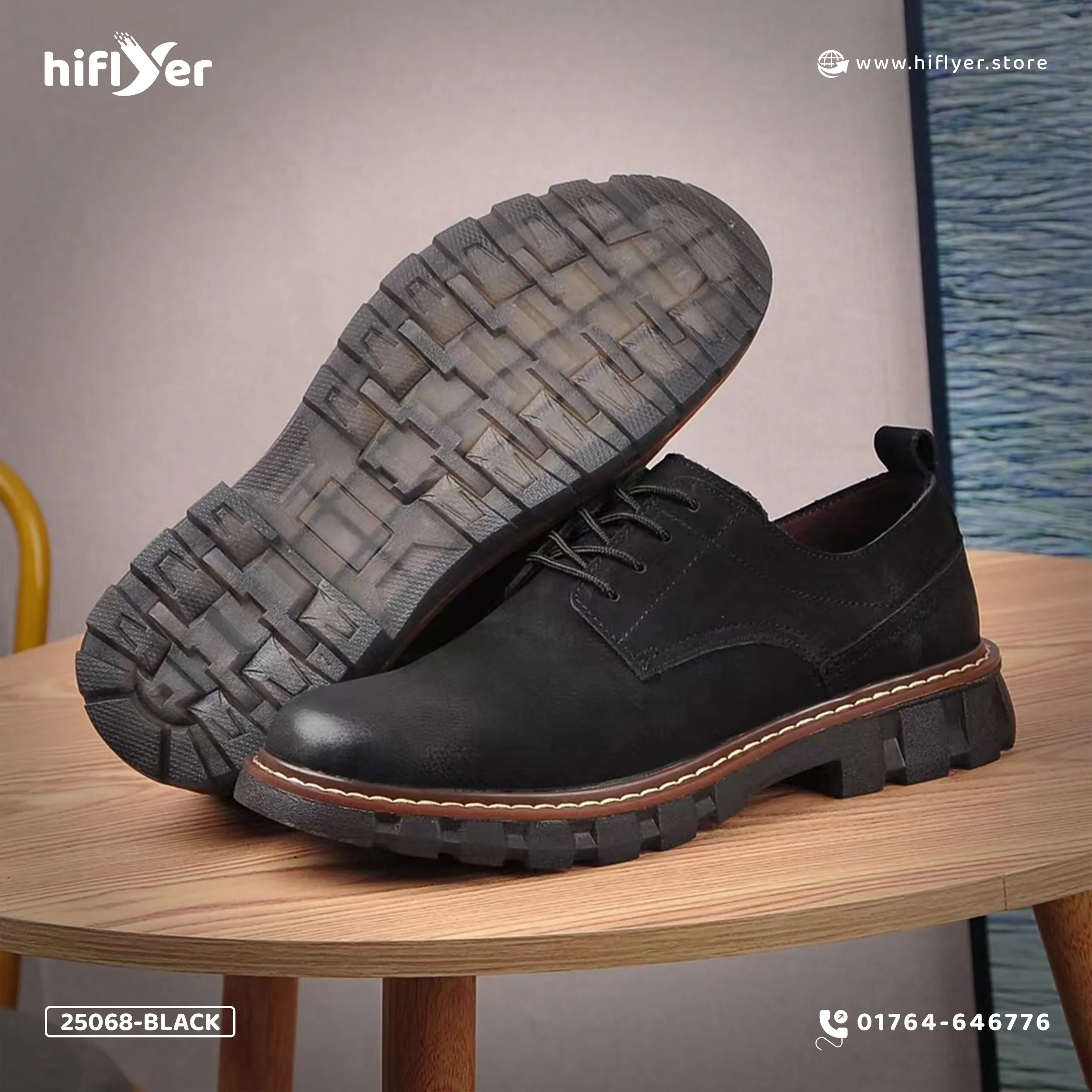 25068-Black Genuine Cowhide Leather heavy sole Semi Martin Boots For Men