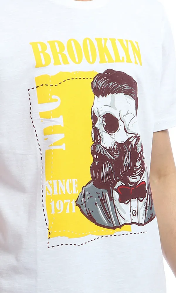 53056 Brooklyn Printed Round Neck Slip On White T-shirt