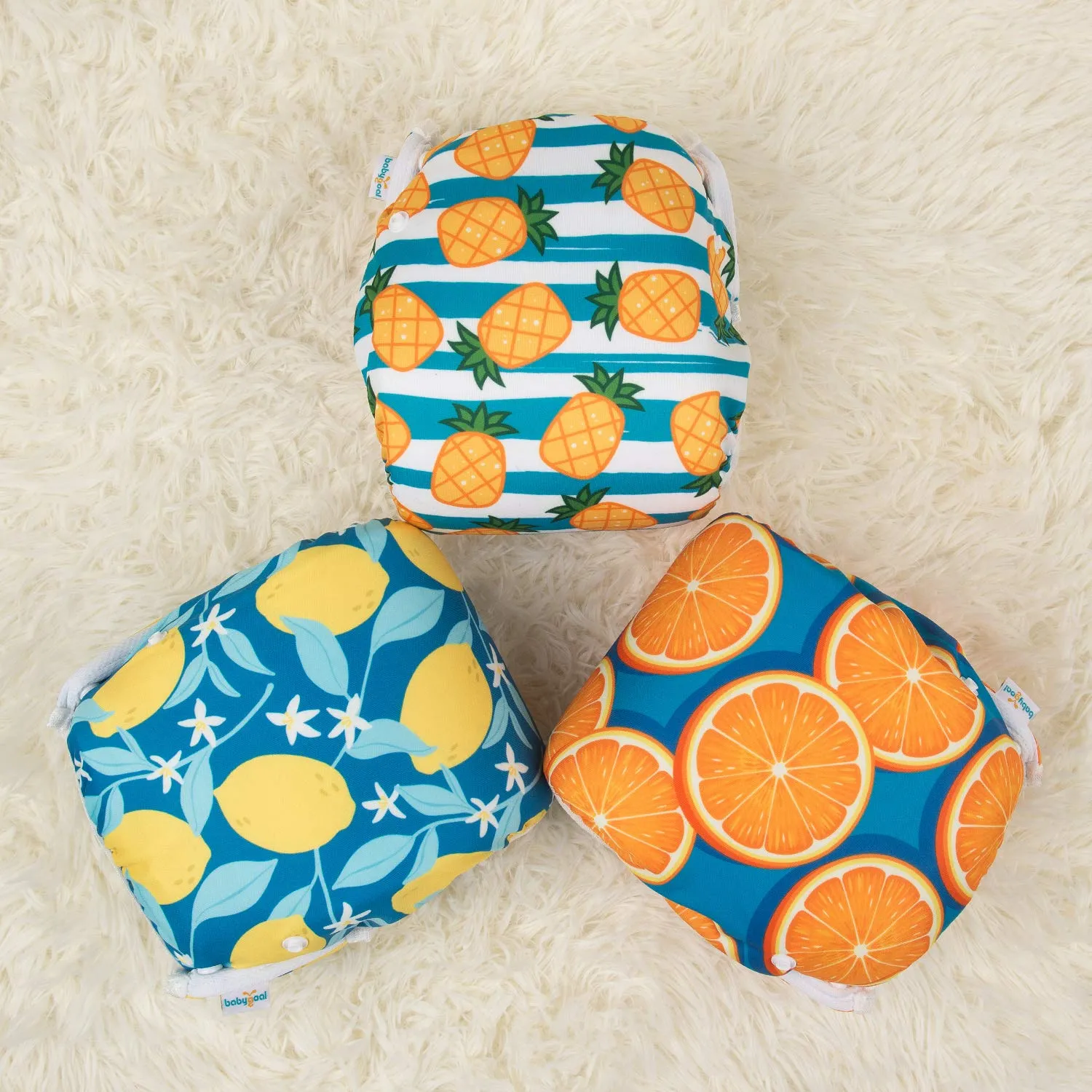 Babygoal Baby Swim Diapers 3 Pack for 0-8 Months Infant Girls and Boys, Reusable Adjustable Washable for Swimming Lessons-Pineapple,Lemon,Grapefruit
