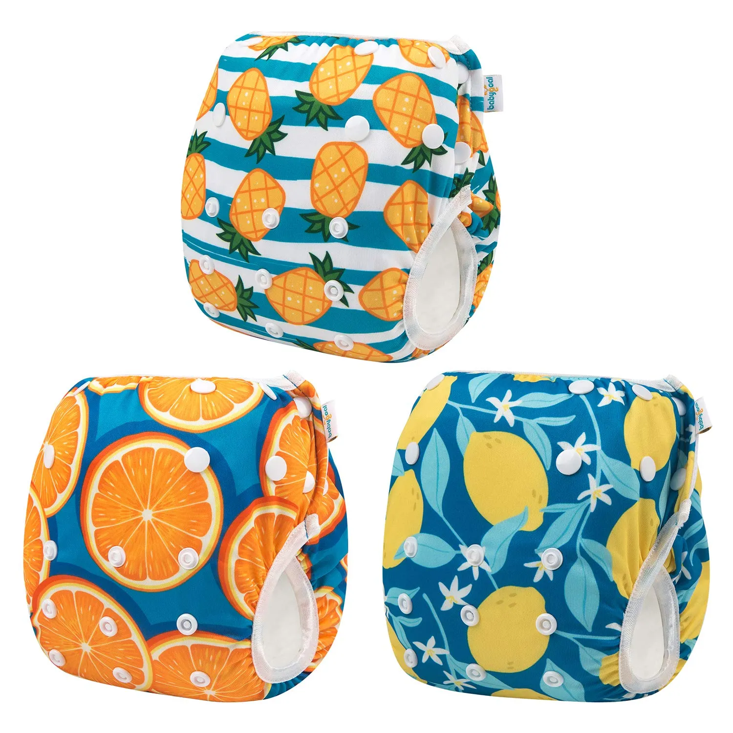Babygoal Baby Swim Diapers 3 Pack for 0-8 Months Infant Girls and Boys, Reusable Adjustable Washable for Swimming Lessons-Pineapple,Lemon,Grapefruit