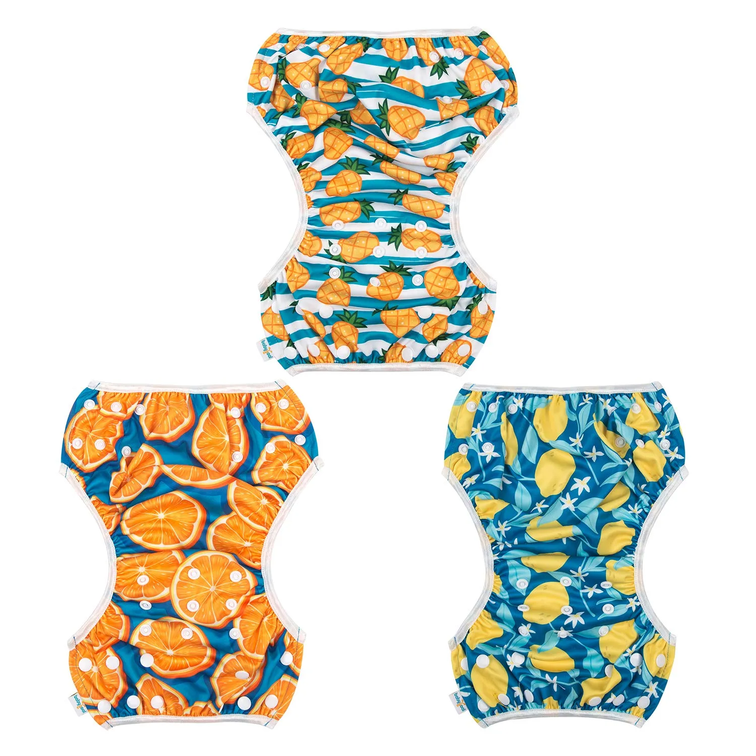 Babygoal Baby Swim Diapers 3 Pack for 0-8 Months Infant Girls and Boys, Reusable Adjustable Washable for Swimming Lessons-Pineapple,Lemon,Grapefruit