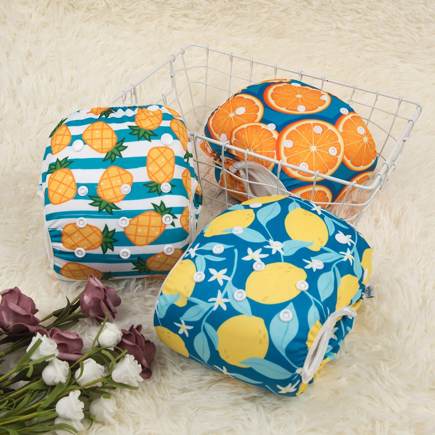 Babygoal Baby Swim Diapers 3 Pack for 0-8 Months Infant Girls and Boys, Reusable Adjustable Washable for Swimming Lessons-Pineapple,Lemon,Grapefruit