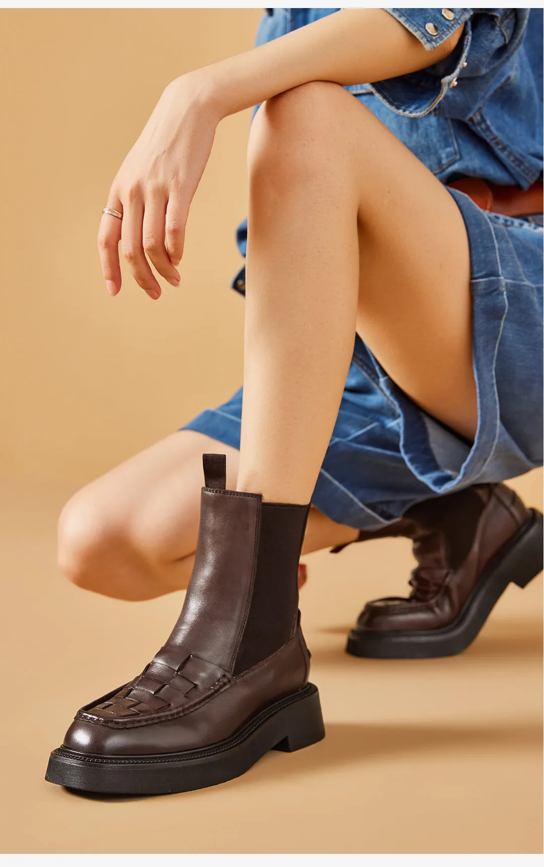 BeauToday Classic Handmade Calfskin Round Toe Ankle Boot for Women