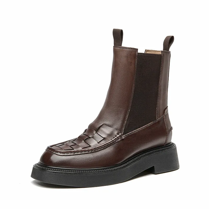 BeauToday Classic Handmade Calfskin Round Toe Ankle Boot for Women