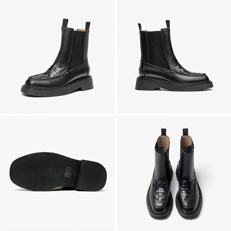 BeauToday Classic Handmade Calfskin Round Toe Ankle Boot for Women