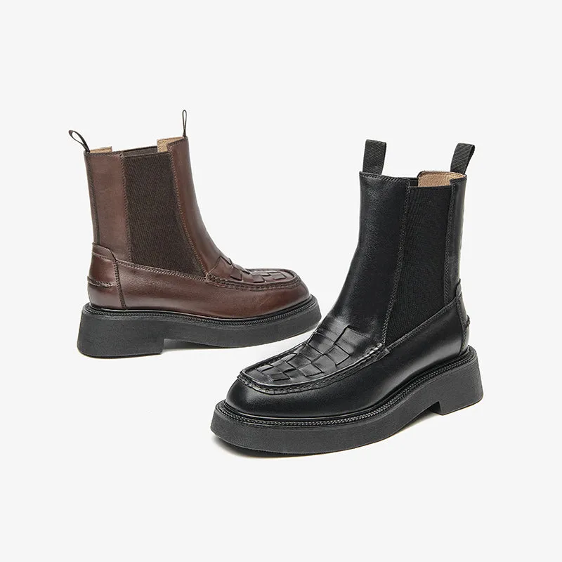 BeauToday Classic Handmade Calfskin Round Toe Ankle Boot for Women