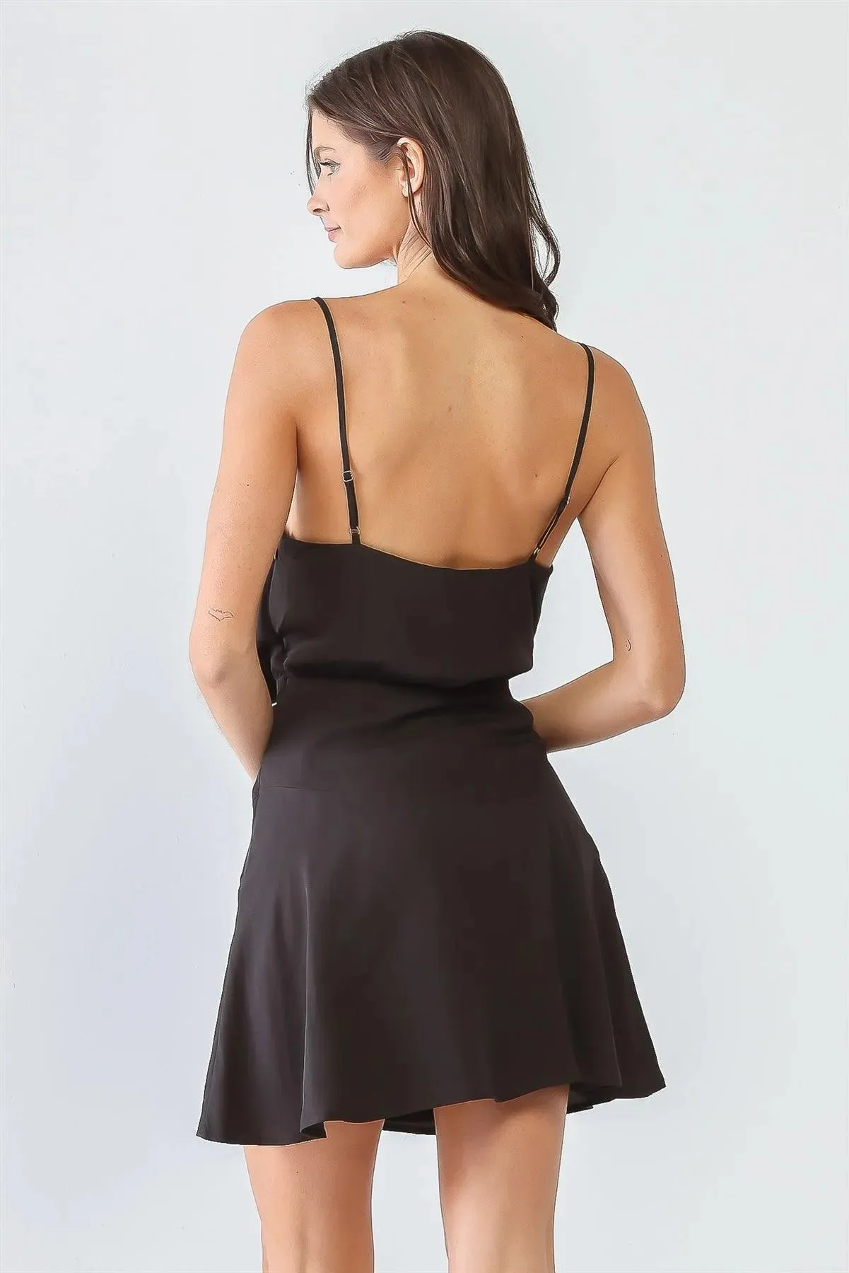 Black Cowl Neck Strappy Flare Hem Mini Dress /2-2-1