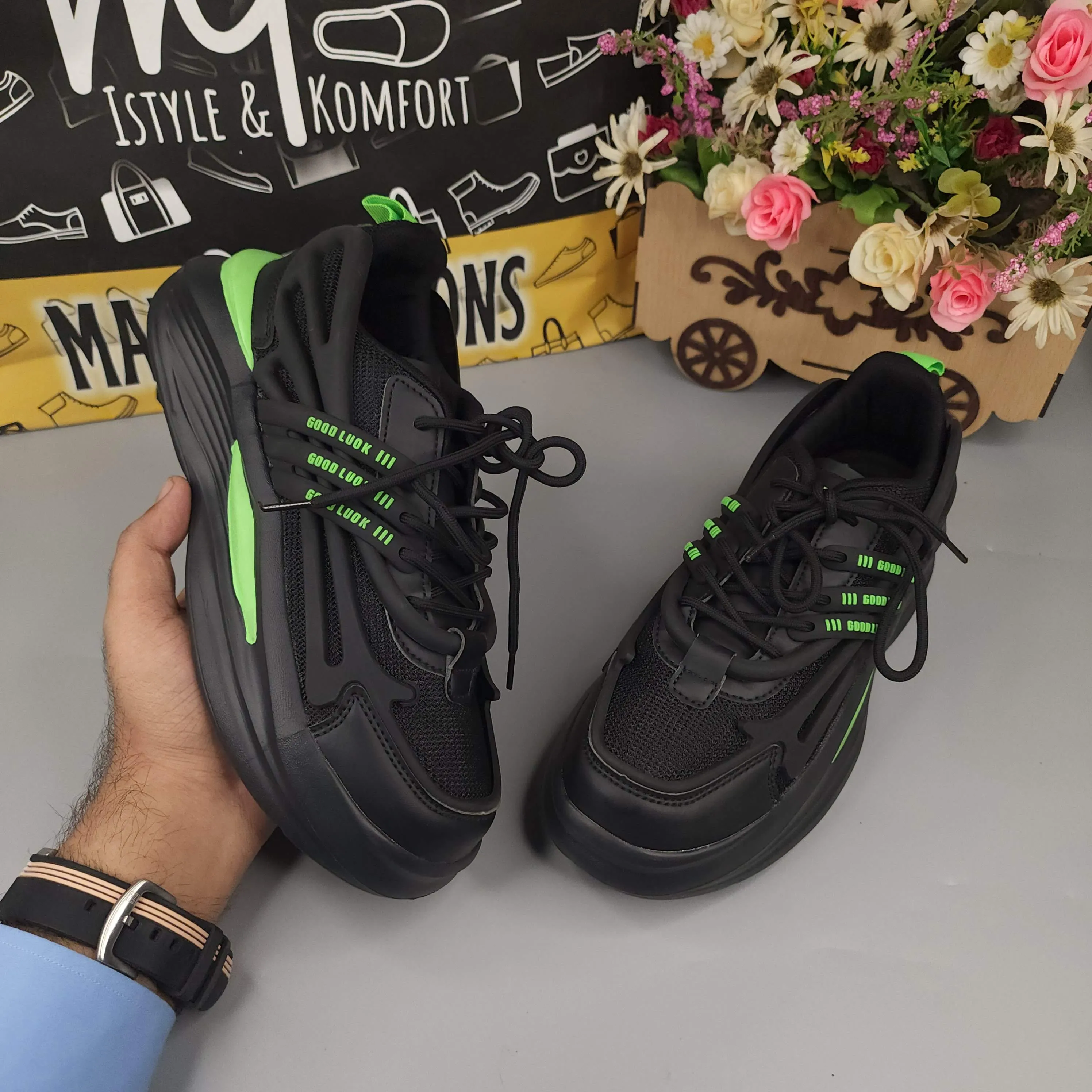 Black Men's Trendy Lace-up  Chunky Sneakers