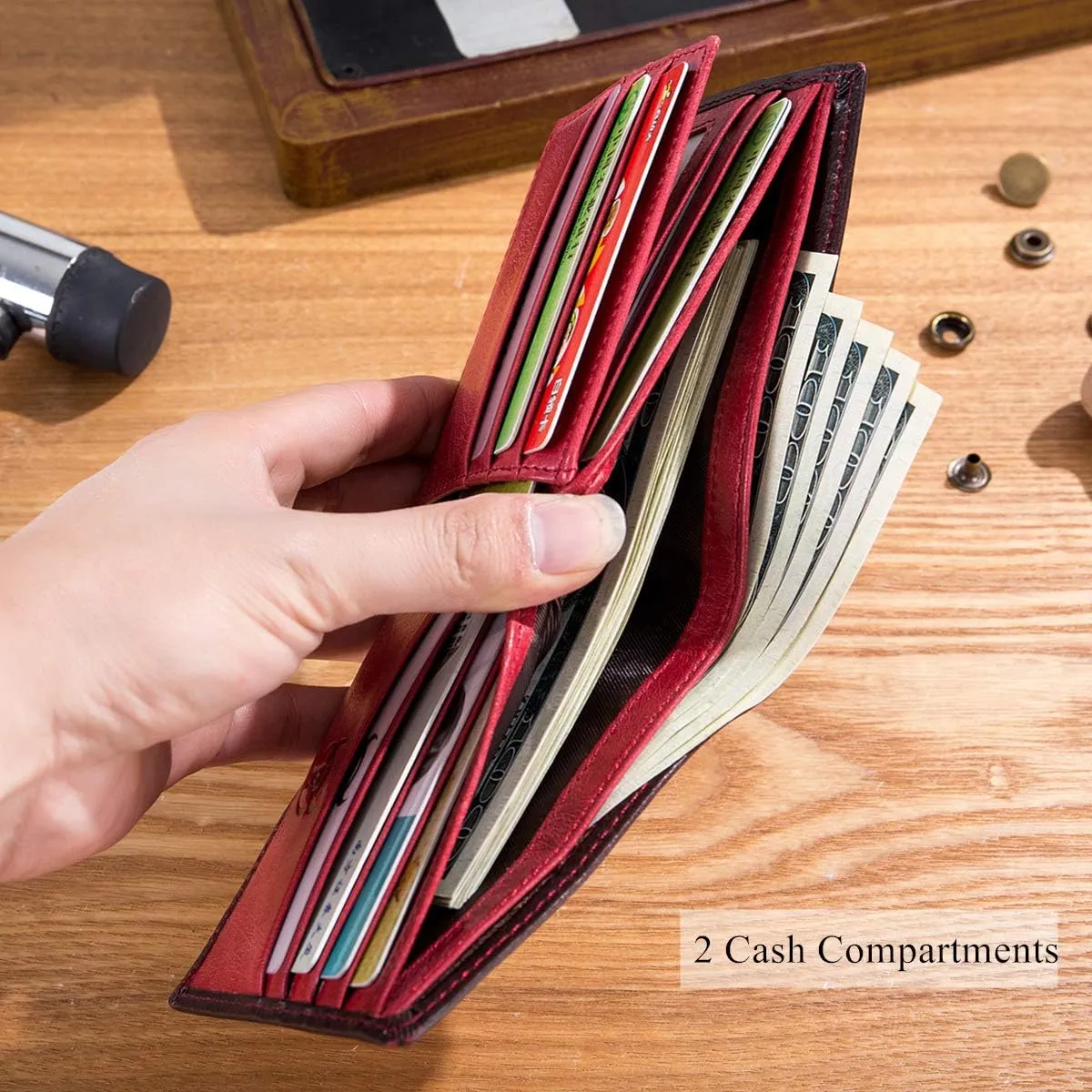 BULLCAPTAIN RFID Wallets for Men Slim Bifold Genuine Leather Front Pocket Wallet with 2 ID Windows QB-05??Crimson ??