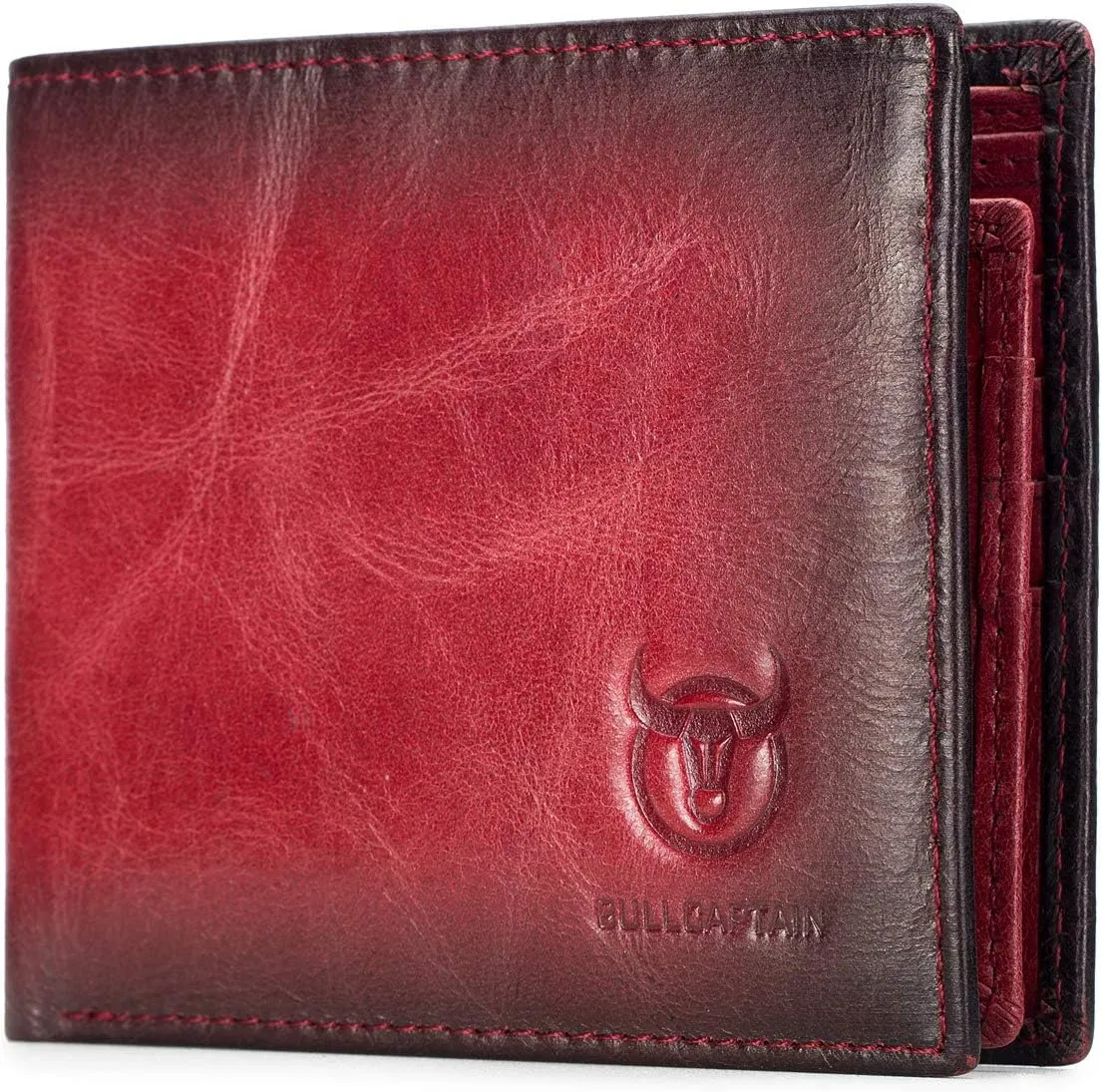 BULLCAPTAIN RFID Wallets for Men Slim Bifold Genuine Leather Front Pocket Wallet with 2 ID Windows QB-05??Crimson ??
