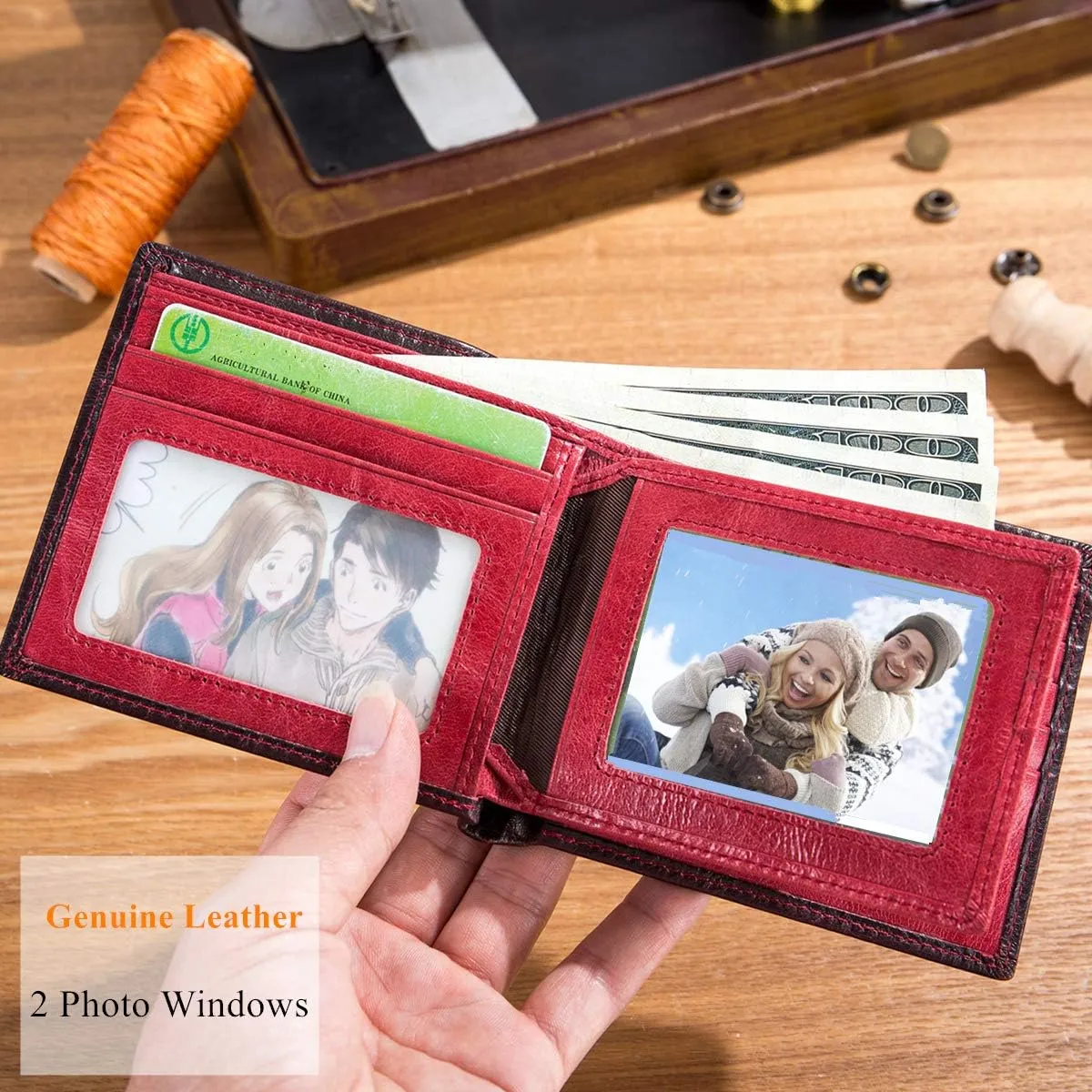 BULLCAPTAIN RFID Wallets for Men Slim Bifold Genuine Leather Front Pocket Wallet with 2 ID Windows QB-05??Crimson ??