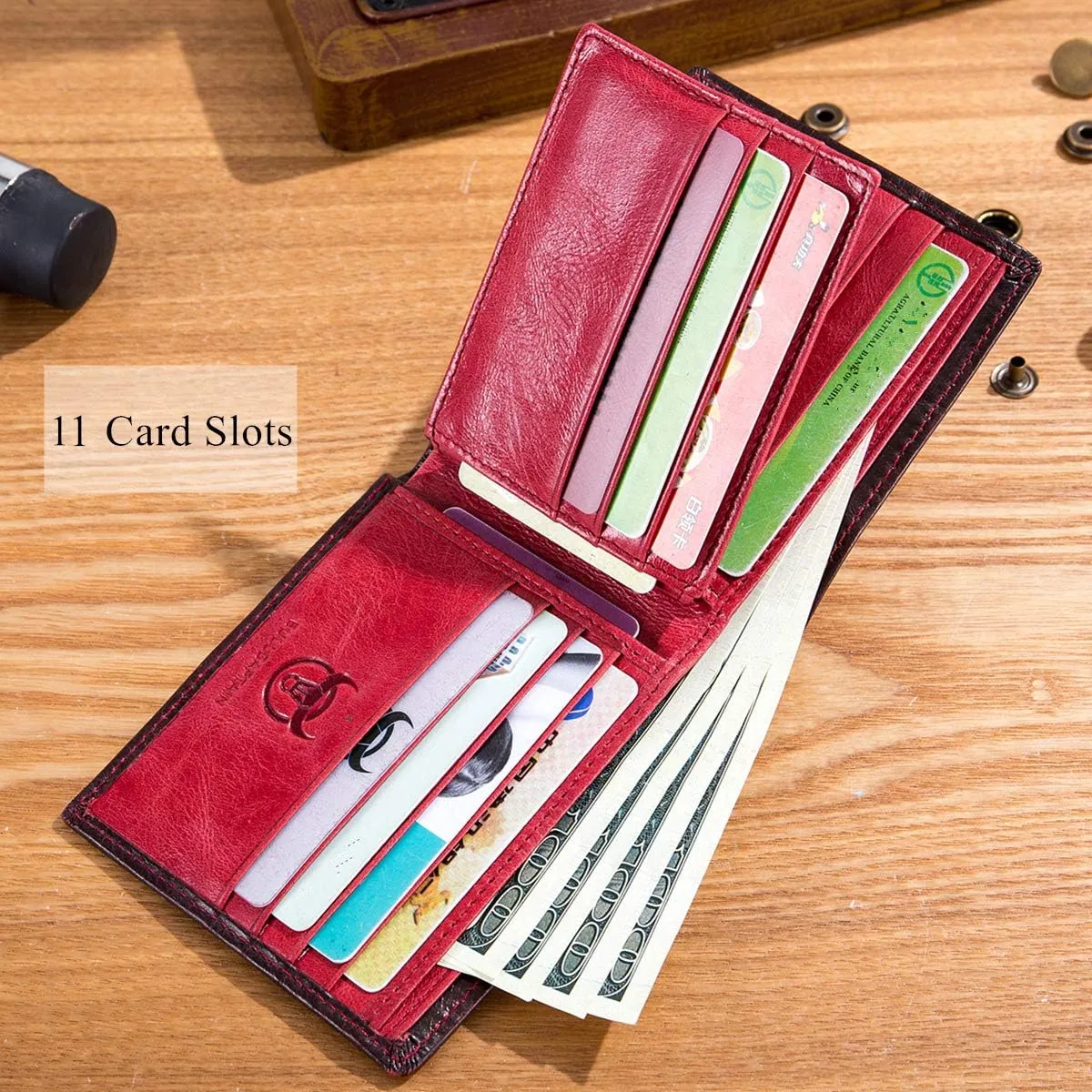 BULLCAPTAIN RFID Wallets for Men Slim Bifold Genuine Leather Front Pocket Wallet with 2 ID Windows QB-05??Crimson ??