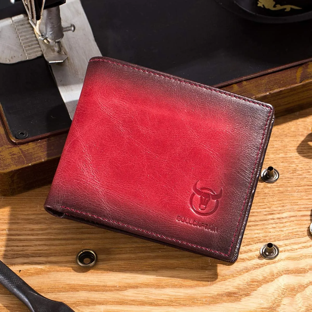 BULLCAPTAIN RFID Wallets for Men Slim Bifold Genuine Leather Front Pocket Wallet with 2 ID Windows QB-05??Crimson ??