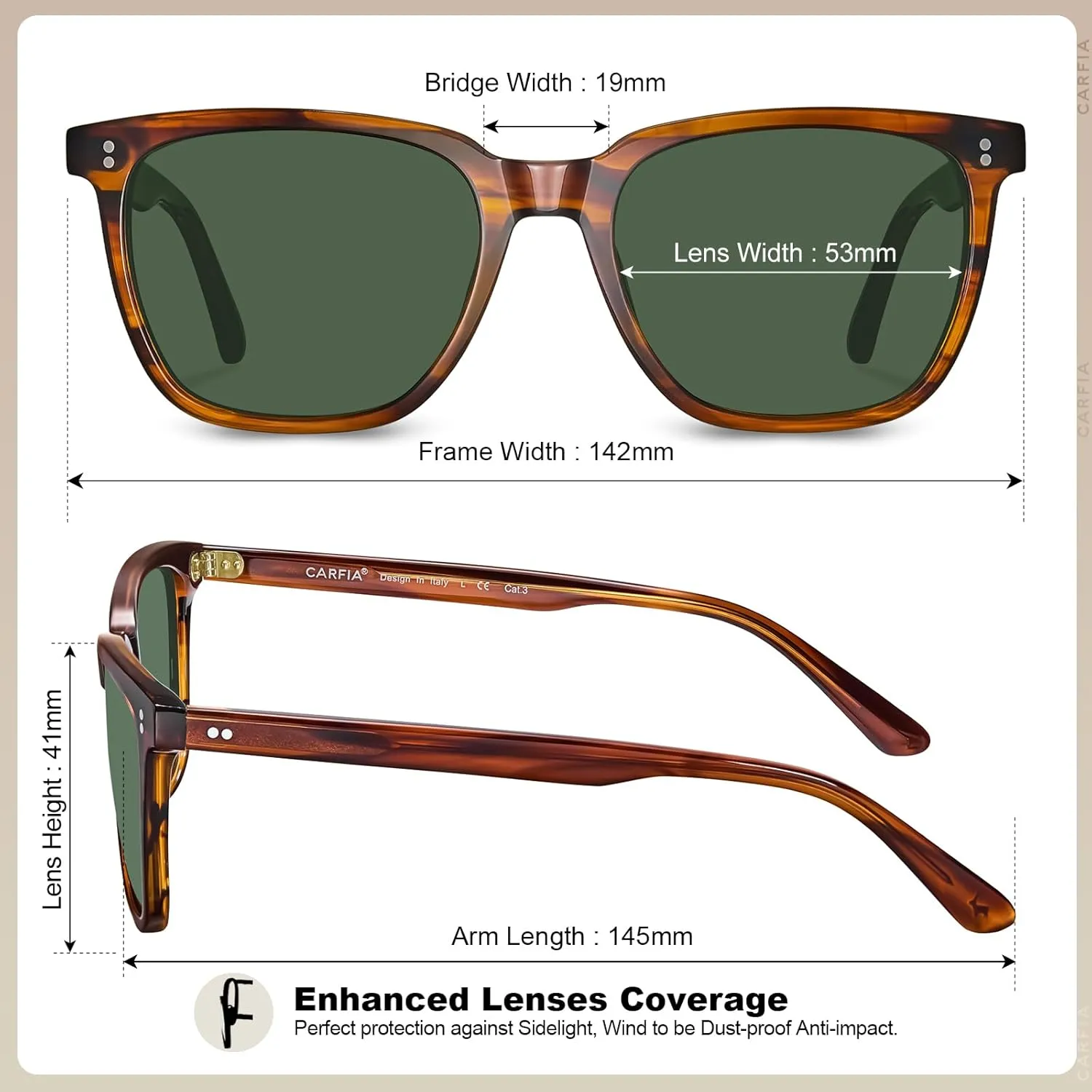 CARFIA Retro Acetate Polarized Sunglasses for Men UV400 Protection Driving Outdoor Anti-Glare Sun Glasses CA5354WS
