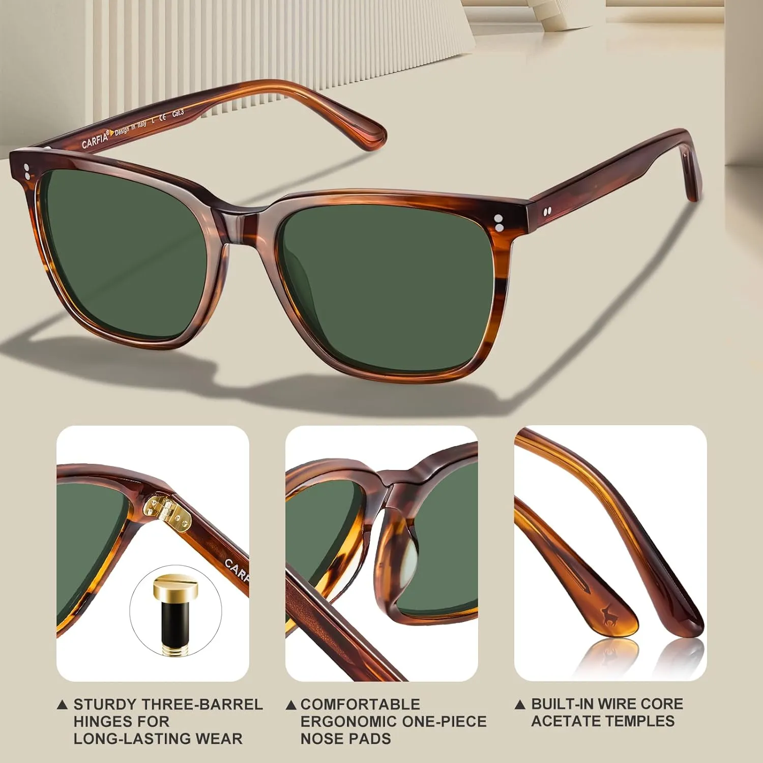 CARFIA Retro Acetate Polarized Sunglasses for Men UV400 Protection Driving Outdoor Anti-Glare Sun Glasses CA5354WS