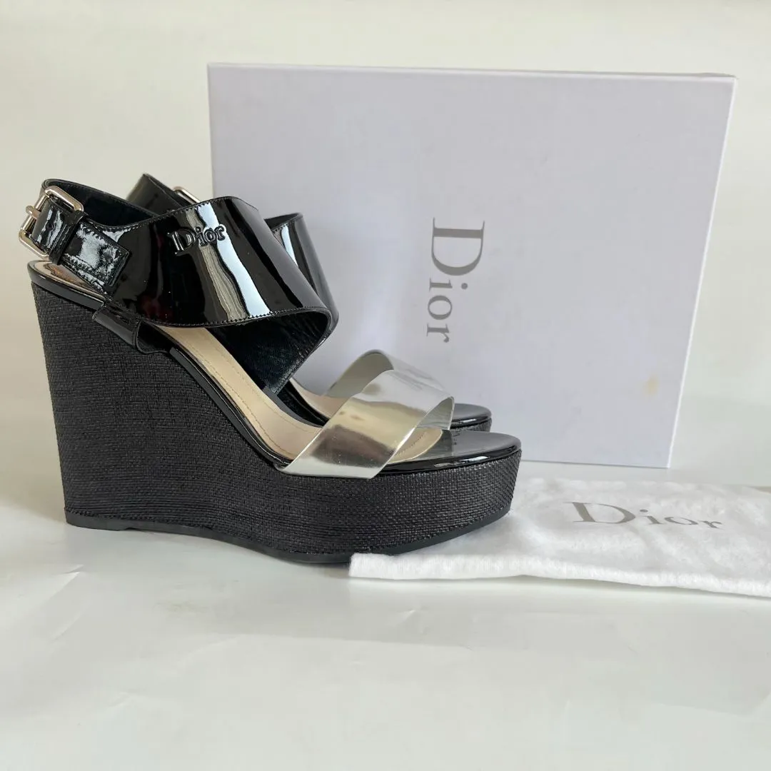 Christian Dior Silve and black wedge sandals, 41.5