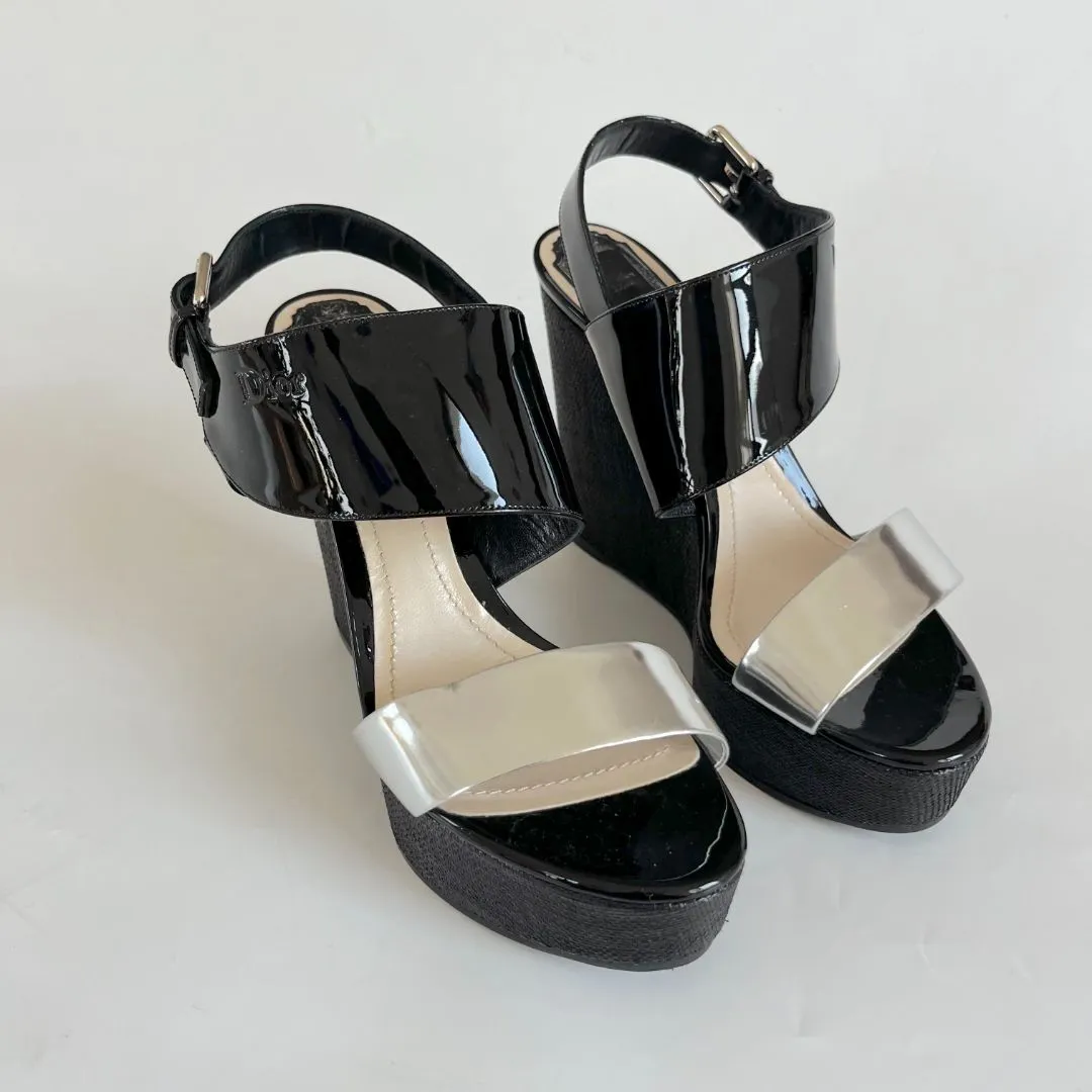 Christian Dior Silve and black wedge sandals, 41.5