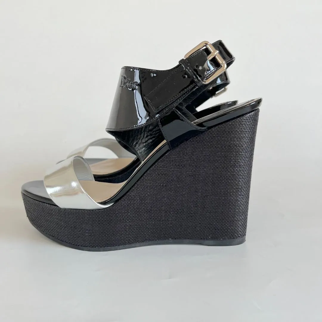 Christian Dior Silve and black wedge sandals, 41.5