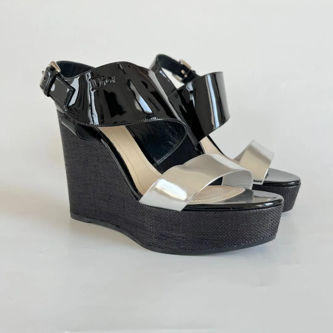 Christian Dior Silve and black wedge sandals, 41.5