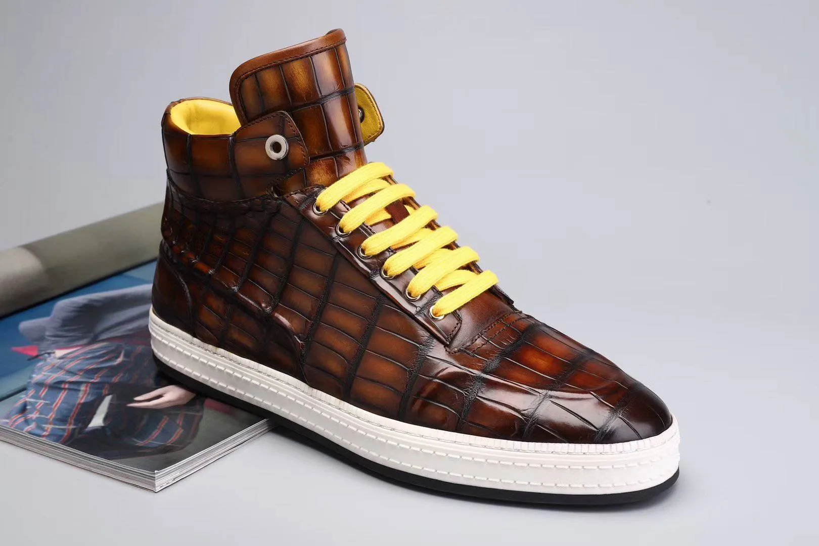 Crocodile Shoes Men's Sneakers , Genuine Crocodile Skin Leather High Heel Sneakers Grey,Brown