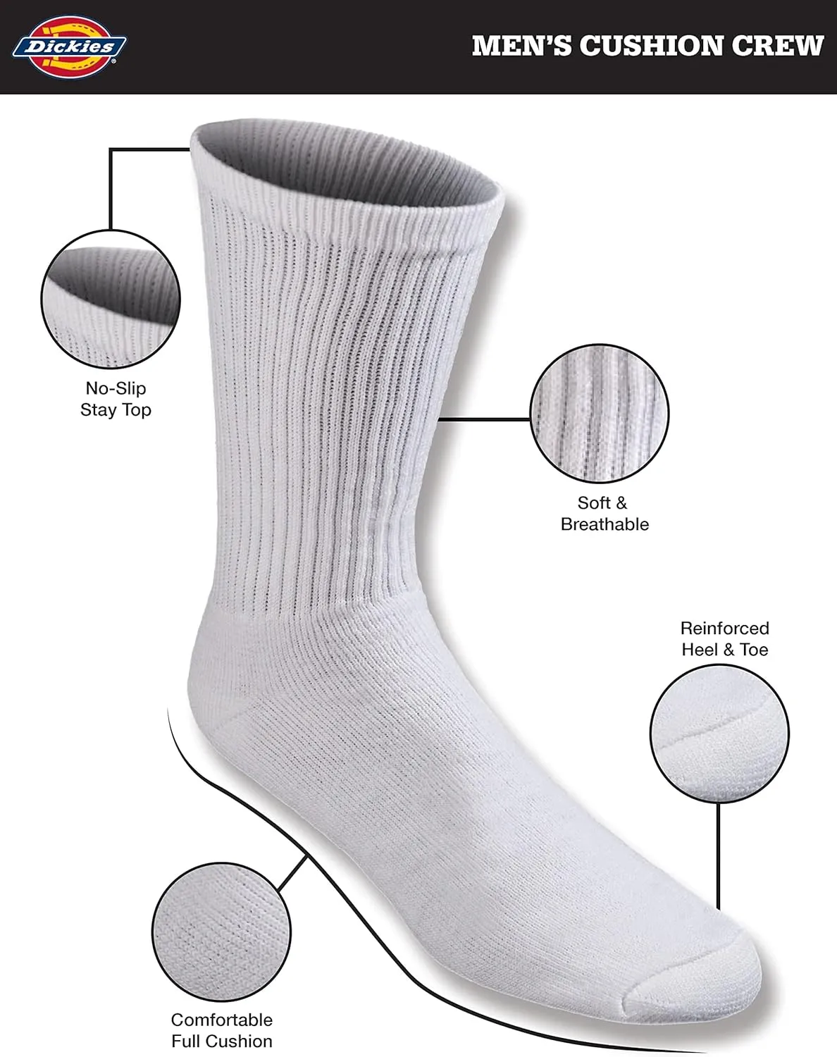 Dickies Men's All Purpose Cushion Crew Socks, Available in M-XL (6, 12 Pairs)