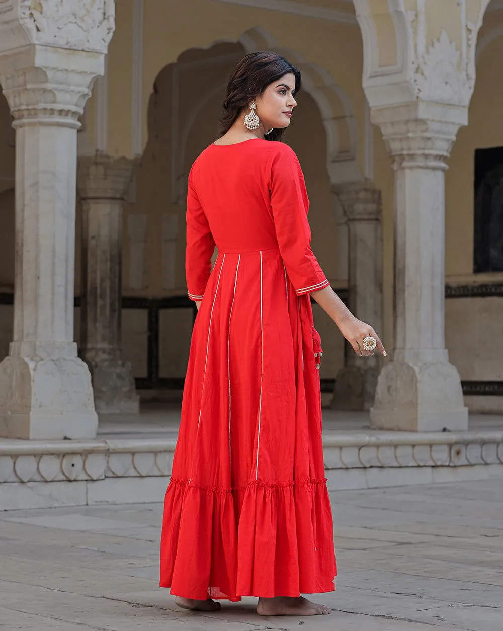 Elegant Red Mirror Embellished Cotton Gown (Pack of 1)