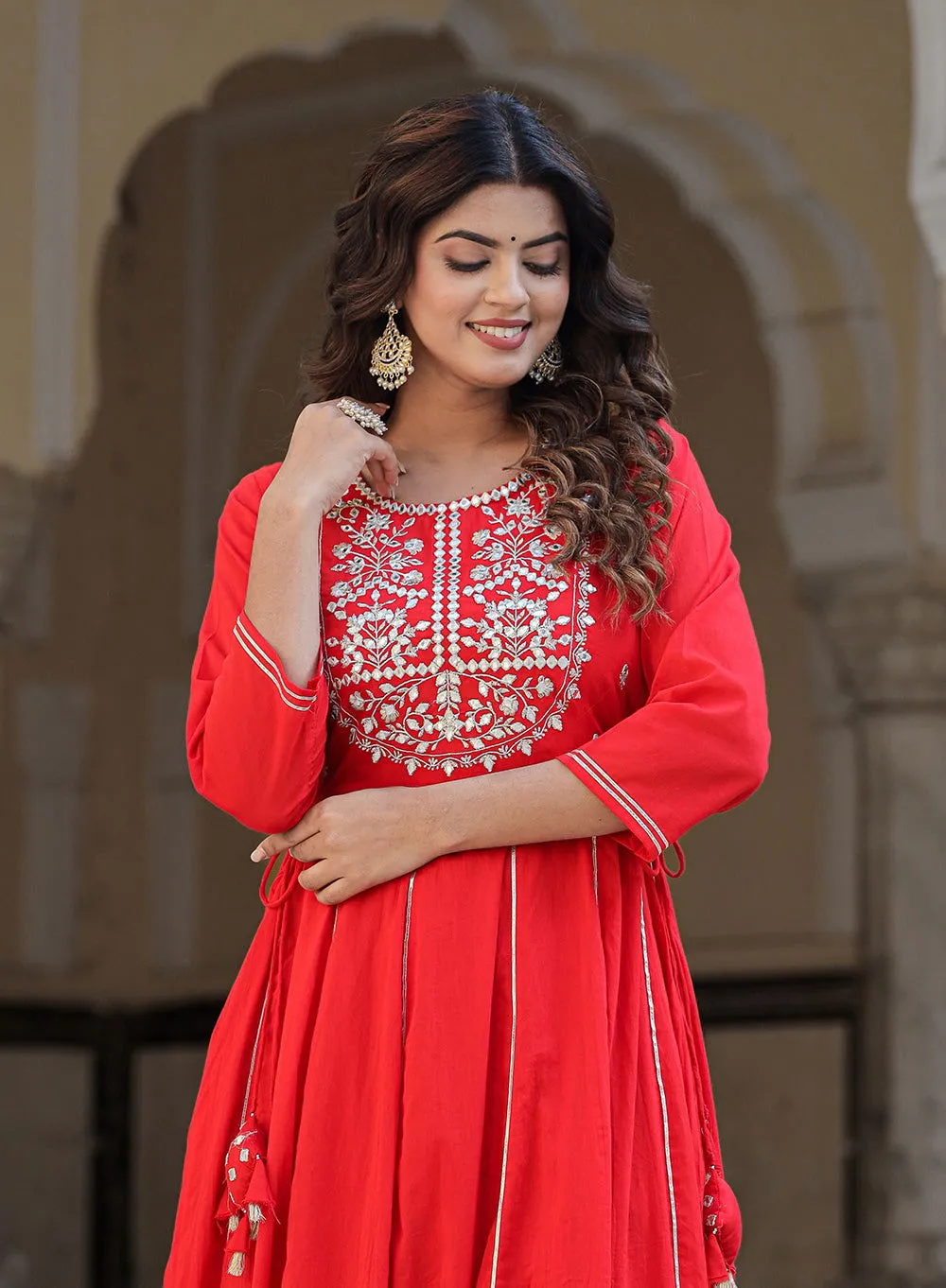 Elegant Red Mirror Embellished Cotton Gown (Pack of 1)