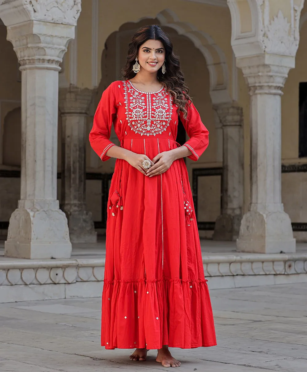 Elegant Red Mirror Embellished Cotton Gown (Pack of 1)