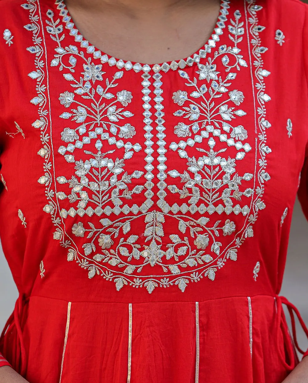 Elegant Red Mirror Embellished Cotton Gown (Pack of 1)
