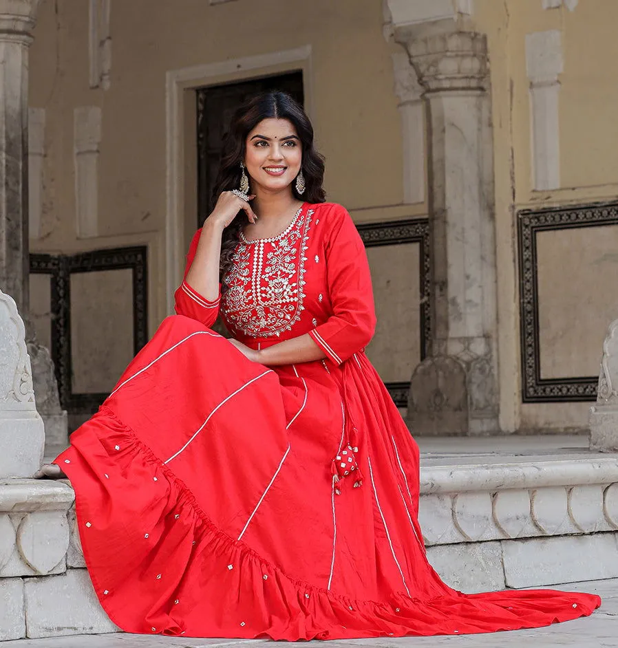 Elegant Red Mirror Embellished Cotton Gown (Pack of 1)