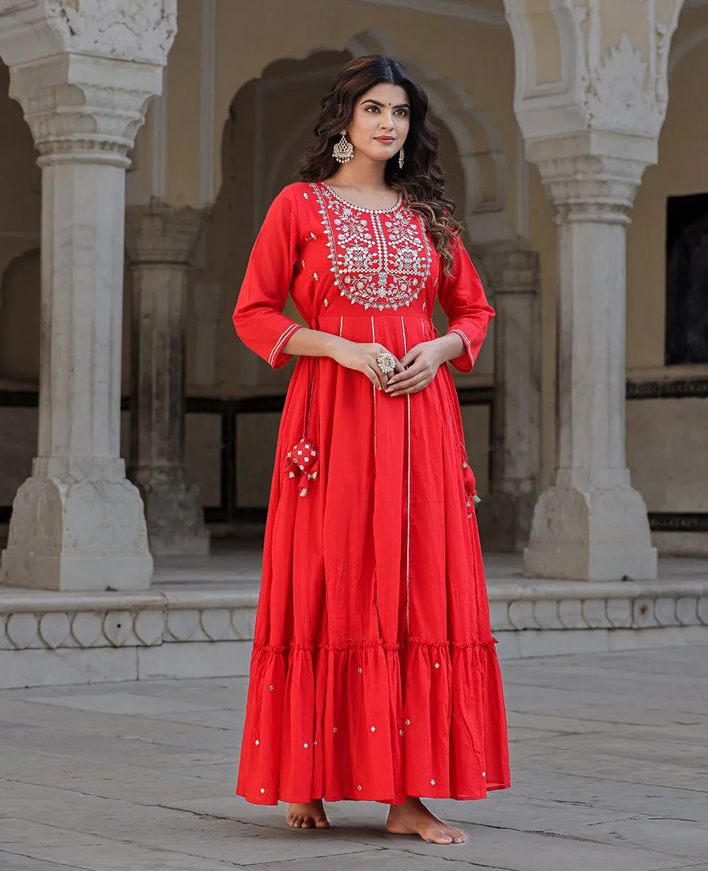 Elegant Red Mirror Embellished Cotton Gown (Pack of 1)