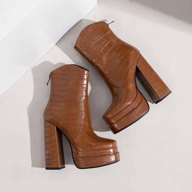Gabby Embossed Leather Brown High Heel Boots