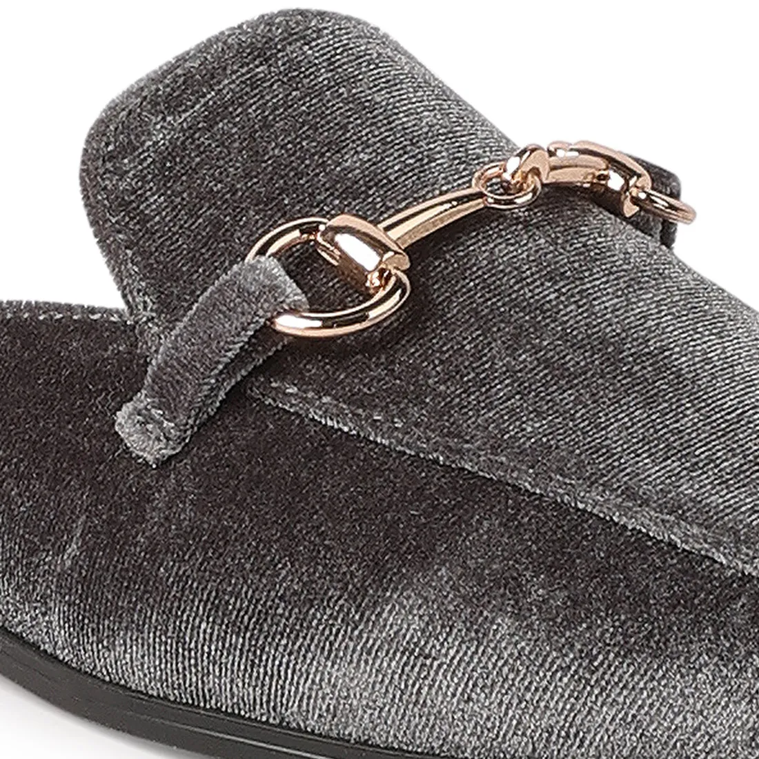Grey Velvet Buckled Flat Mules