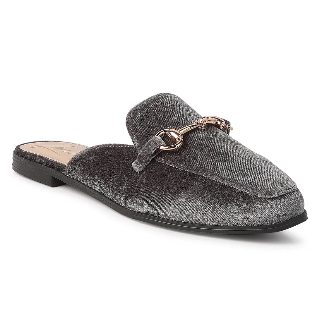 Grey Velvet Buckled Flat Mules
