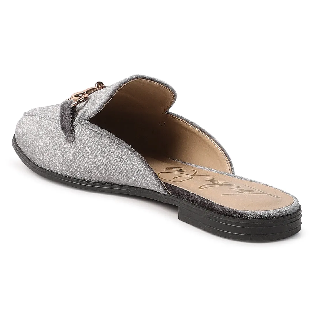 Grey Velvet Buckled Flat Mules