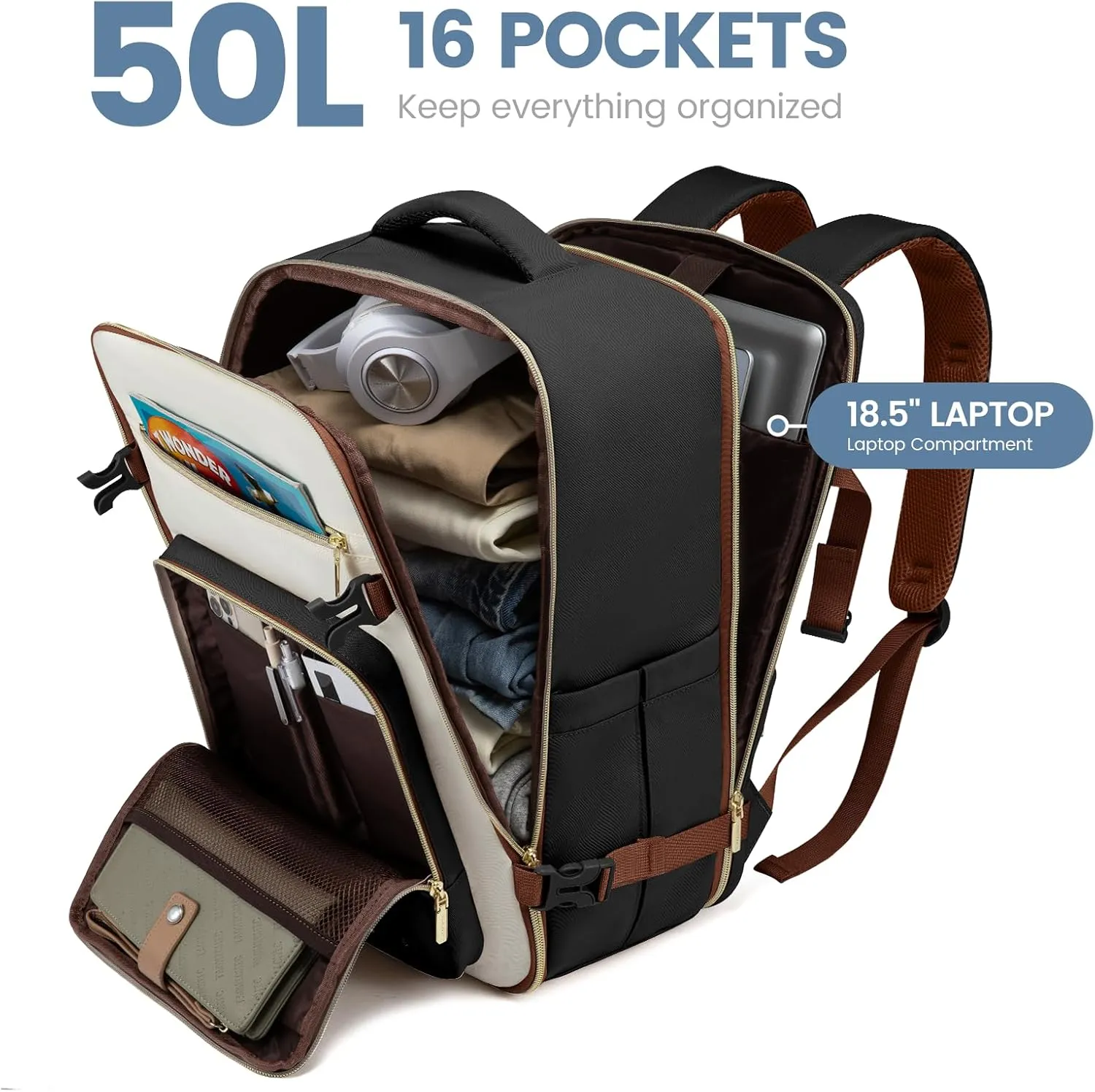 LOVEVOOK Travel Backpack For Women,50L Carry On Backpack Flight Approved,TSA Personal Item Travel Bag Fits 18 Inch Laptop,Business Weekender Overnight Daypack with Toiletry Bag and Cubes
