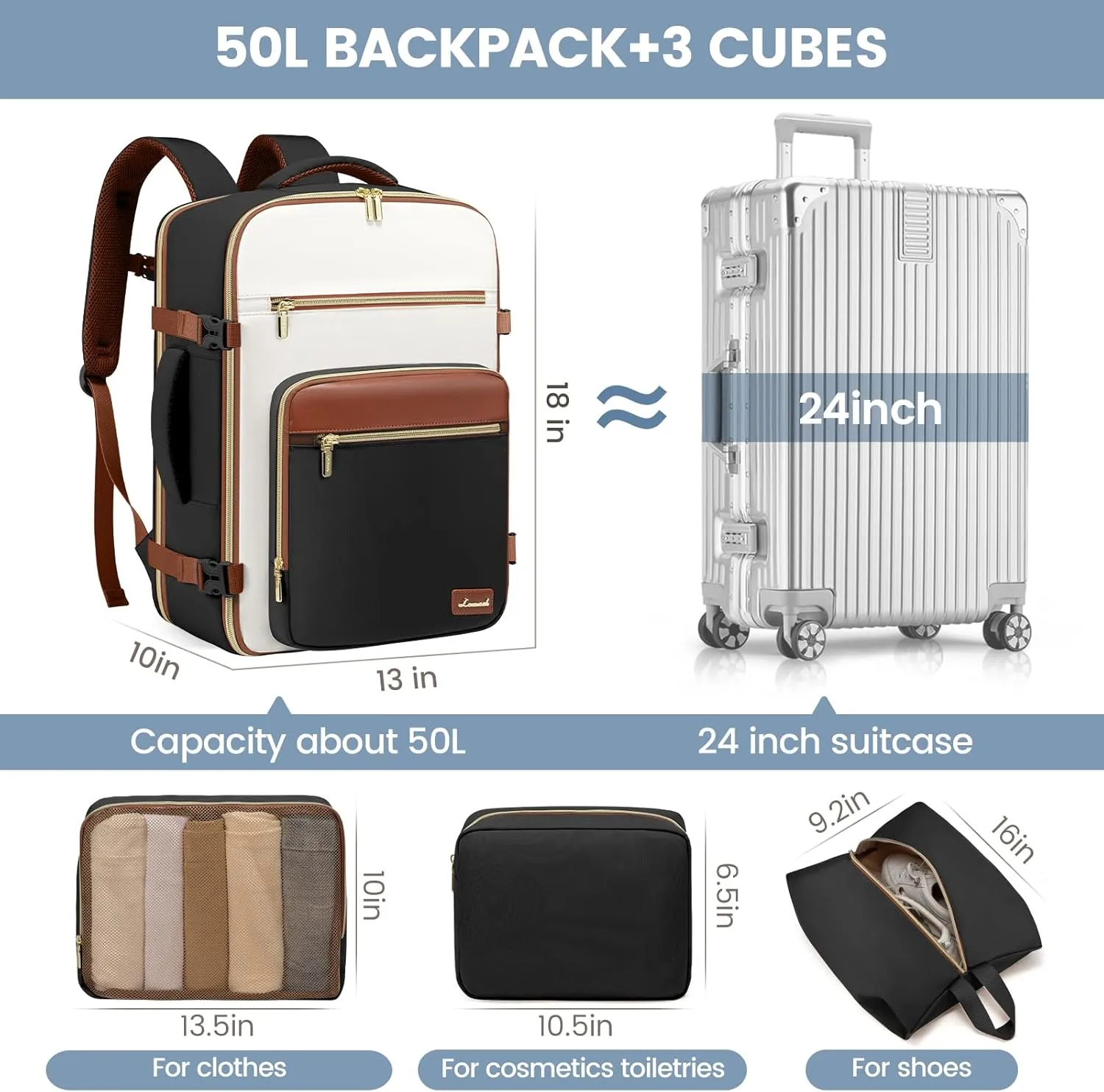 LOVEVOOK Travel Backpack For Women,50L Carry On Backpack Flight Approved,TSA Personal Item Travel Bag Fits 18 Inch Laptop,Business Weekender Overnight Daypack with Toiletry Bag and Cubes