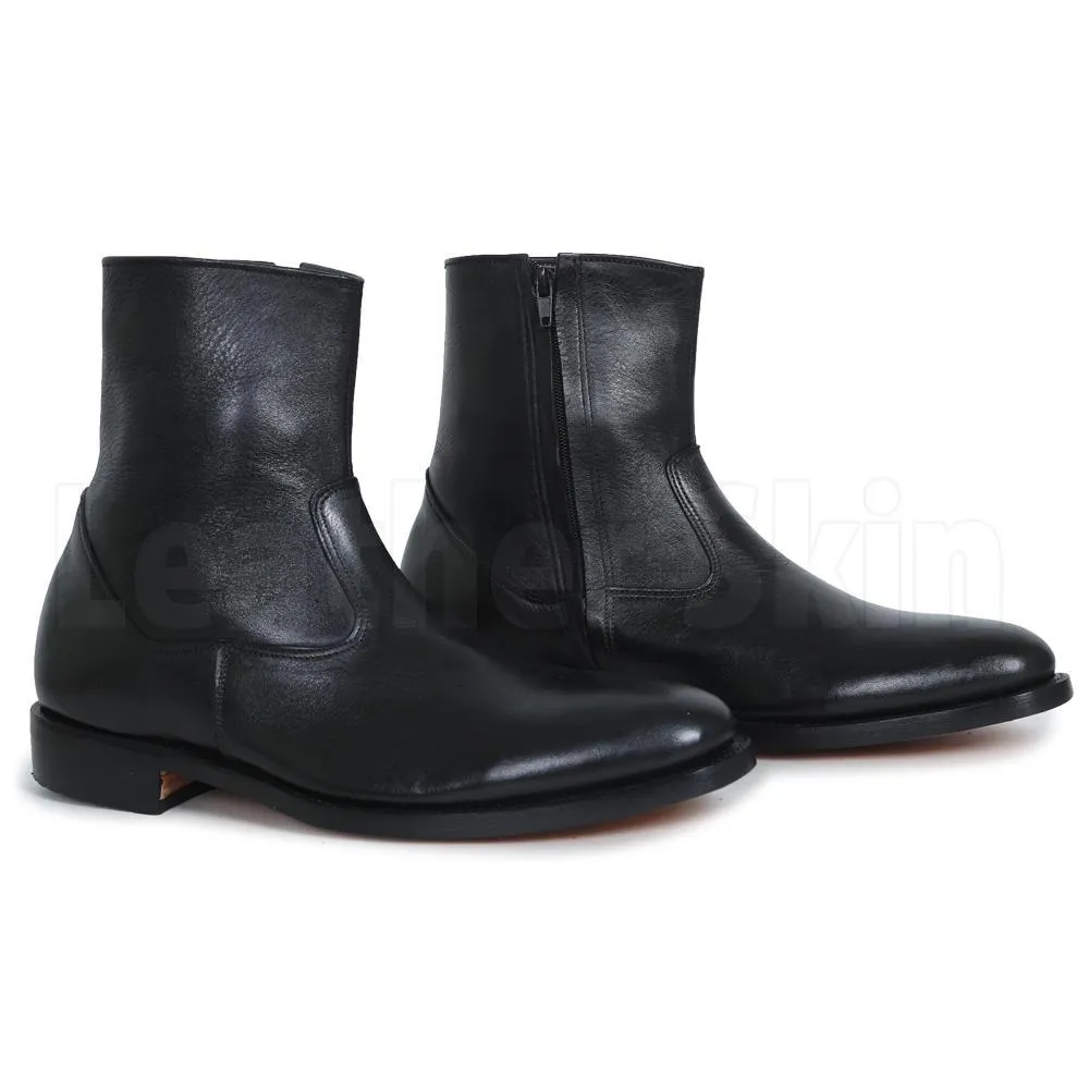 Men Black Zipper Ankle Genuine Leather Boots