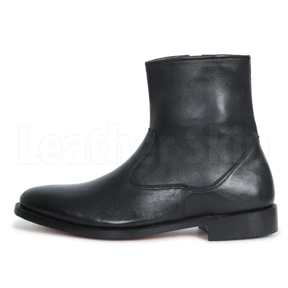 Men Black Zipper Ankle Genuine Leather Boots