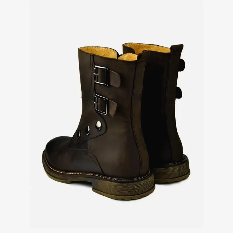 Men's Boots Cowhide Round Toe Buckle
