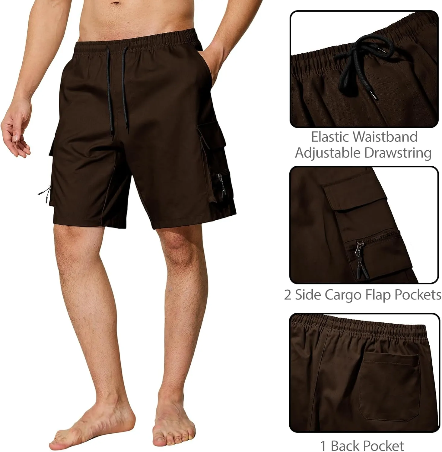 Men's Casual Cargo Shorts Drawstring Elastic Waist Summer Classic Outdoor Stretch Work Shorts with 5 Pockets