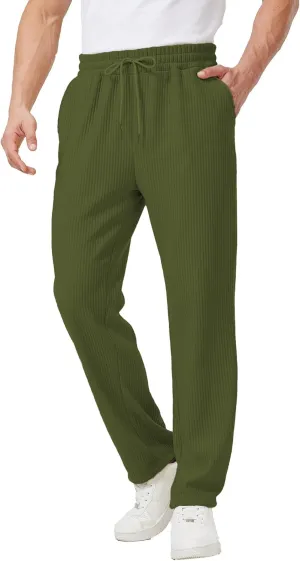 Men's Casual Pants Lightweight Stretch Loose Fit Ribbed Jacquard Knit Textured Drawstring Pants with Pockets