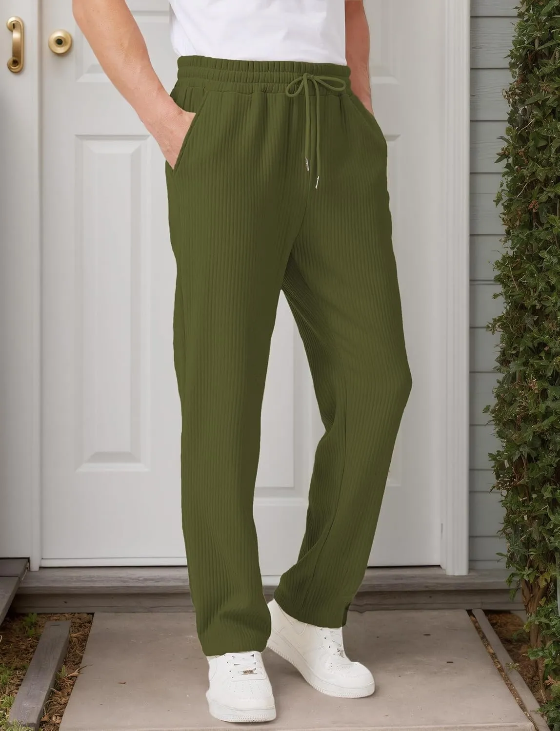 Men's Casual Pants Lightweight Stretch Loose Fit Ribbed Jacquard Knit Textured Drawstring Pants with Pockets