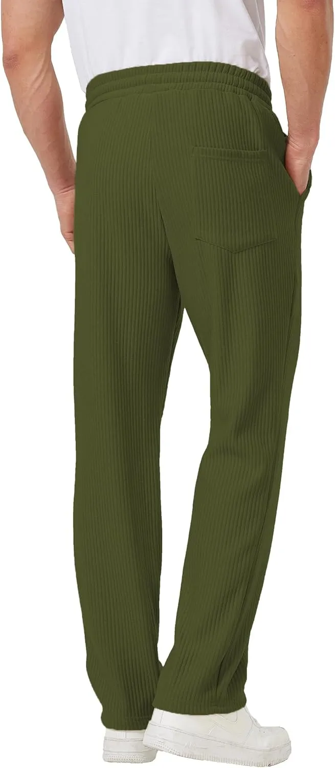 Men's Casual Pants Lightweight Stretch Loose Fit Ribbed Jacquard Knit Textured Drawstring Pants with Pockets