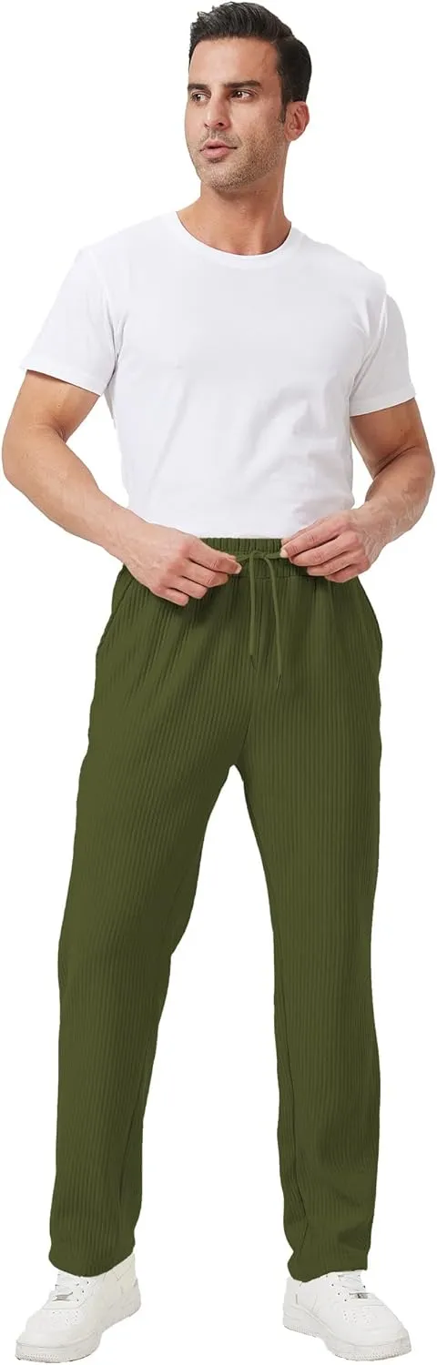 Men's Casual Pants Lightweight Stretch Loose Fit Ribbed Jacquard Knit Textured Drawstring Pants with Pockets