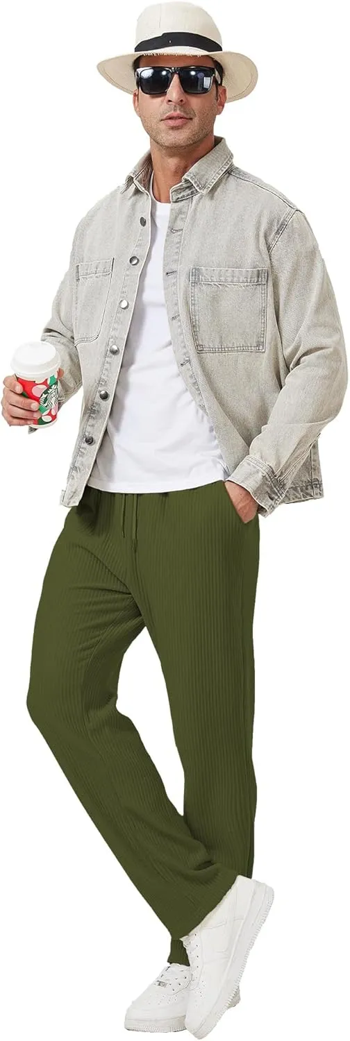 Men's Casual Pants Lightweight Stretch Loose Fit Ribbed Jacquard Knit Textured Drawstring Pants with Pockets