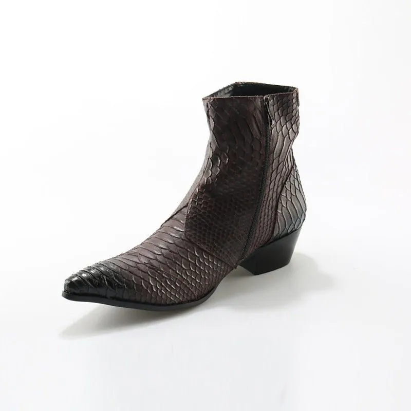 Men's Croc Embossed Cowhide Pointed Toe Zip-Up Booties