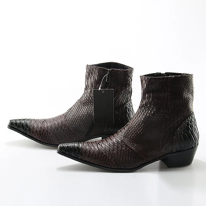 Men's Croc Embossed Cowhide Pointed Toe Zip-Up Booties