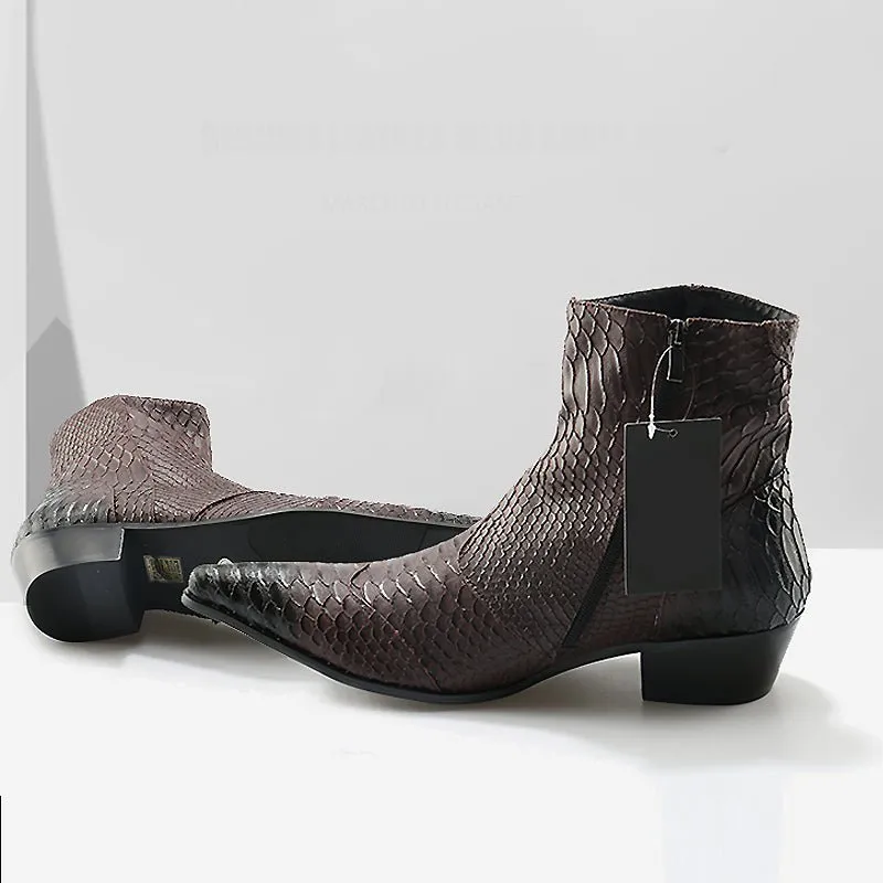 Men's Croc Embossed Cowhide Pointed Toe Zip-Up Booties