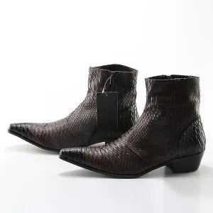 Men's Croc Embossed Cowhide Pointed Toe Zip-Up Booties